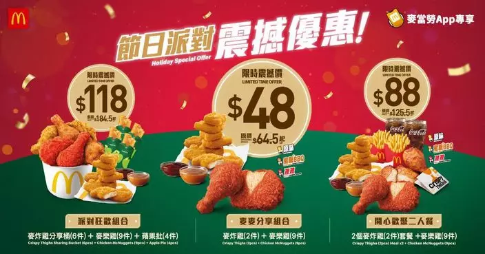 麥當勞App全新節日派對震撼優惠 $48即享麥炸雞2件及麥樂雞9件