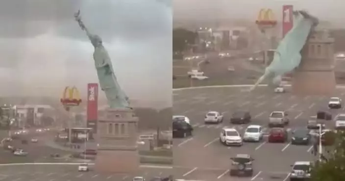 重3噸造價220萬 巴西商場外35米高自由女神像複製品遭強風吹倒砸落停車場
