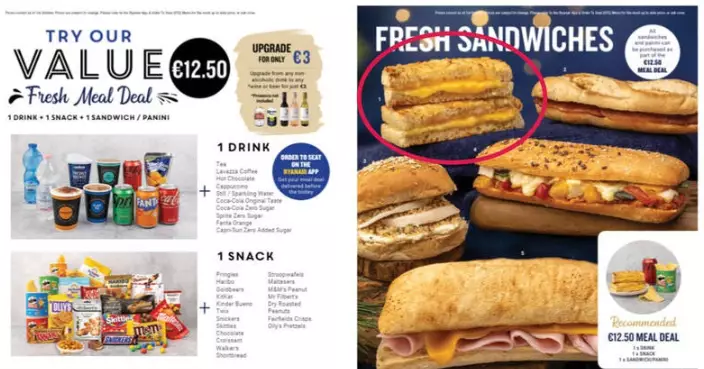 實物與宣傳圖落差大！乘客狠批瑞安航空飛機餐「史上最難吃」