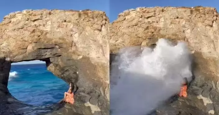 埃及打卡景點突掀巨浪 華裔女遊客倚靠埃及岩壁拍照遭巨浪拍打險捲入海