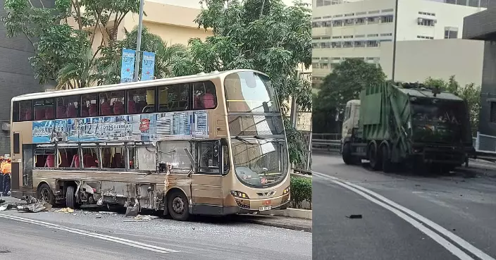 葵涌葵盛圍垃圾車落斜疑失控撞巴士的士 12人受傷