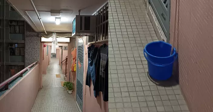 公屋走廊現奇觀 水桶接冷氣機水、油煙喉橫跨天花​　網民：回到70年代