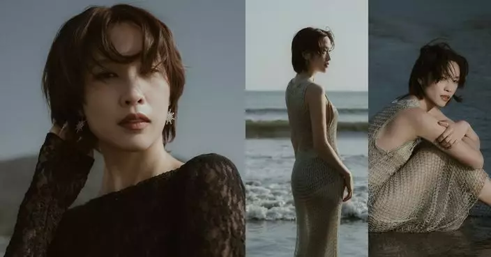 蔣祖曼露背黑紗裙罕晒女人味 沙灘光影破格展柔媚