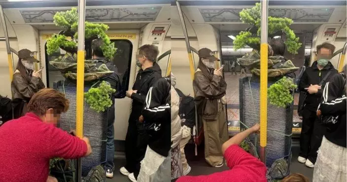 女子乘港鐵搬運巨形盆景  僅用綁繩拉住及固定 網斥：隨時會砸親人！