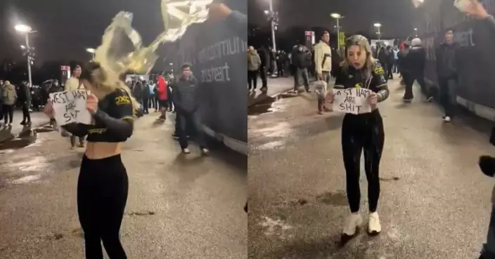 場外高舉辱罵標語挑釁主隊 曼聯女球迷遭韋斯咸球迷啤酒淋頭回擊