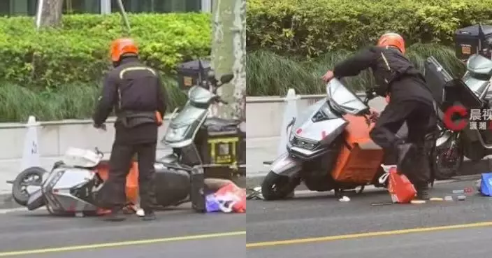 意外影到外賣員電單車遭強風吹倒餐點散落 上海女店員PO片幫發聲望平台免罰