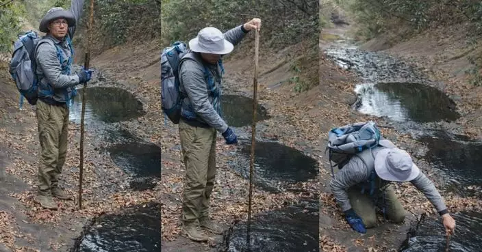 廣東溪流驚現「黑水深坑」陷阱 行山客2米長棍探底揭驚人深度 網民：踩空必沒頂