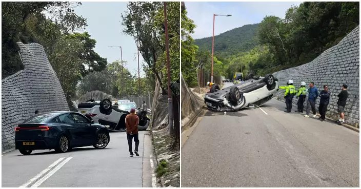 石澳道私家車自炒四輪朝天 男司機一度被困自行爬出輕傷送院
