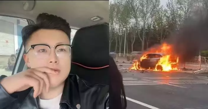 內地女駕車撞護欄受困 獲貨車司機徒手破門救出 車輛數分鐘後起火燒剩車架