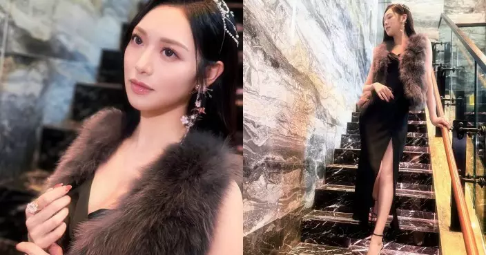 馮盈盈絲緞黑裙高衩晒腿 若隱若現勁誘惑