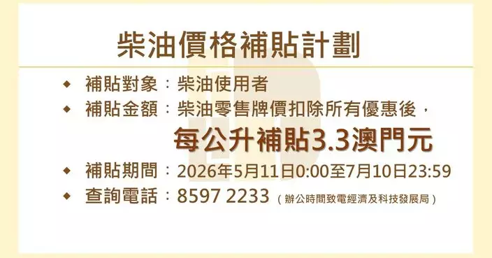 特區政府推「柴油價格補貼計劃」 確保「短期紓困、穩定物價、保障民生」