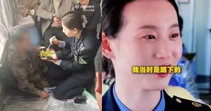 男旅客列車上突發頭暈四肢無力 女列車長自費買飯跪地餵食 暖心影片刷屏
