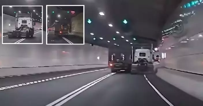 兩架重型車隧道內瘋狂切線爭路 喪呠閃燈車貼車逼近牆身 運輸署非常關注交警方跟進