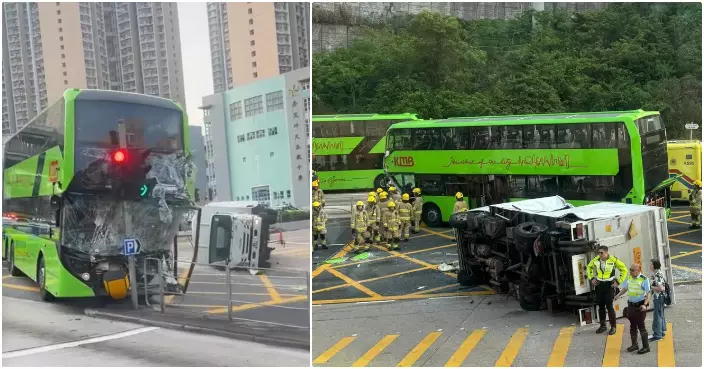 秀茂坪貨車九巴相撞  貨車翻側九巴車頭嚴重損毀 初步10人輕傷