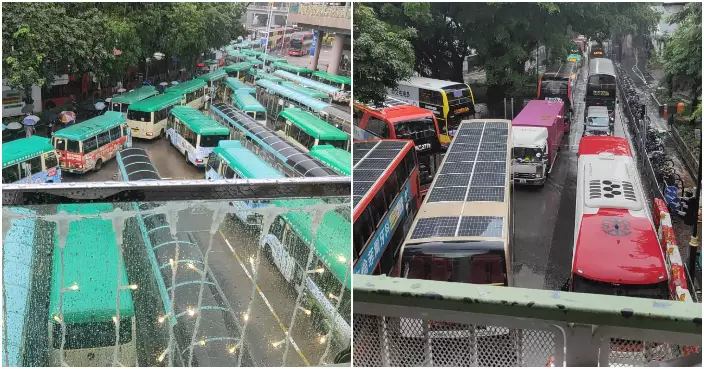 上水大塞車巴士堵車站寸步難行　乘客雨中候車