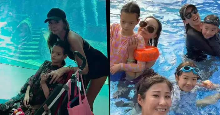 鍾麗淇舉家遊三亞水上樂園 15歲罕病大女親親海豚又同媽媽玩水上滑梯好開心