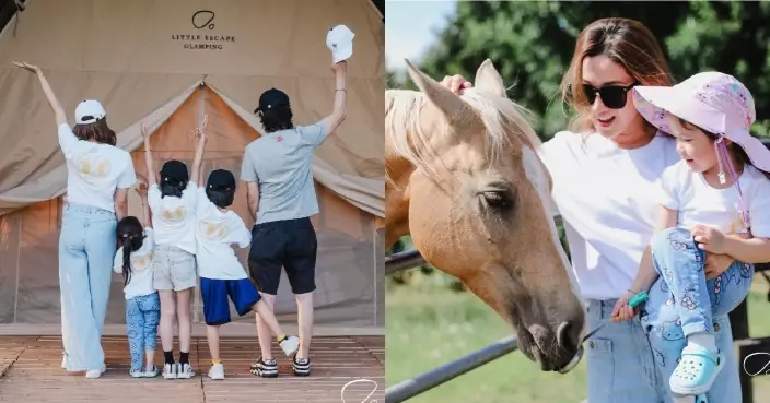 鍾嘉欣舉家去露營享受親子時光 陪仔女親親動物、挑戰射擊超開心