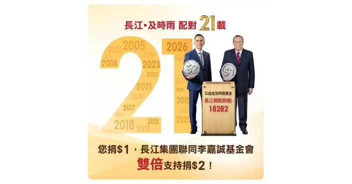 長江捐款熱線周六啟動配對捐款予公益金及時雨基金 長江集團及李嘉誠基金會雙倍支持讓善款「1元變3元」