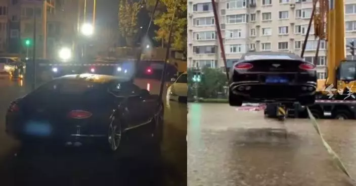 真「飛車」瀋陽暴雨水浸賓利車主出動吊車將座駕吊半空免「泡水」
