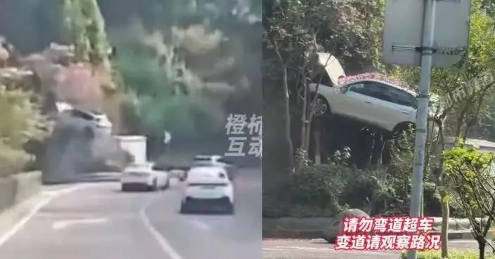 重慶SUV隧道口失控騰空懸掛樹上 消防到場傻眼架梯救出被困司機