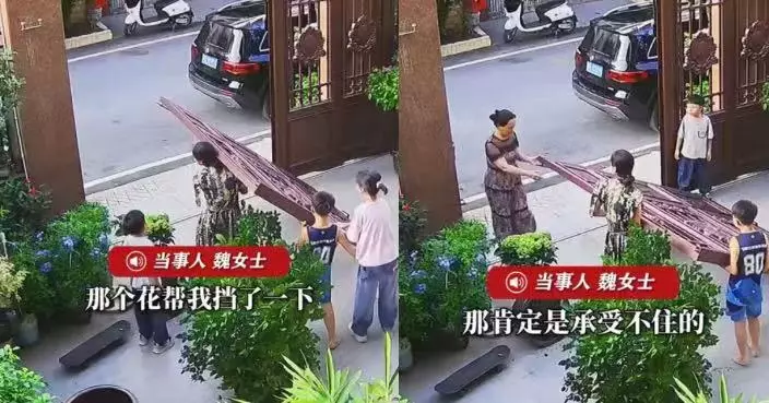 數百斤吊軌門突從頂部脫軌墜下 湖南女戶主獲盆栽緩衝兼肩膊承托驚險脫身