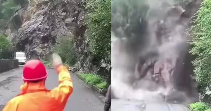 有片！小貨車途經陝西落石路段 獲公路養護員及時示警駛離驚險避過山泥傾瀉