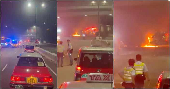 （有片）北大嶼山公路貨車撞欄起火傳爆炸聲 波及的士釀2傷貨車司機不知所蹤