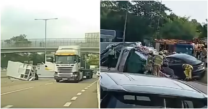 吐露港公路近馬場有貨櫃車墜下大型物件 私家車被壓司機被困清醒送院