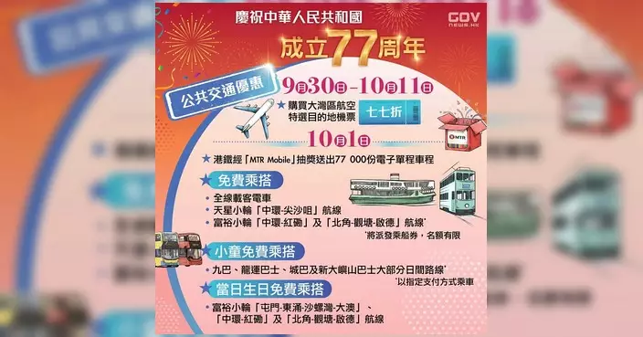 國慶77周年公共交通優惠 電車全線免費港鐵抽獎送7.7萬張電子單程票