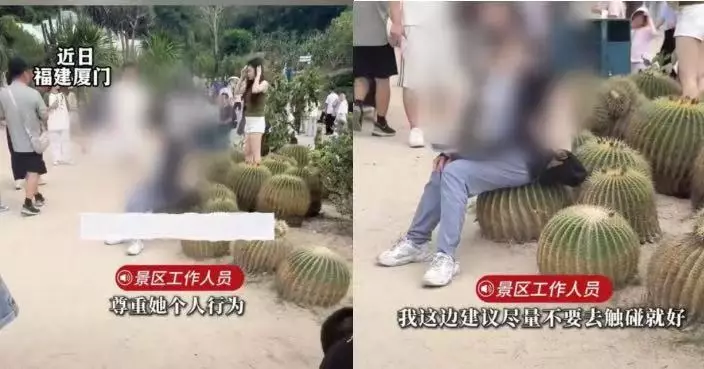 仙人球當櫈坐！福建女遊客淡定打卡拍照惹熱議 網民：傳說中的鐵屁股