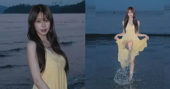 莊子璇黃昏沙灘赤腳踏浪 仙氣淘氣兼備