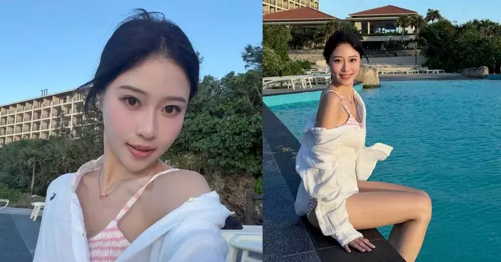 倪樂琳晒池畔水着寫真 白恤衫微透間條泳衣若隱若現