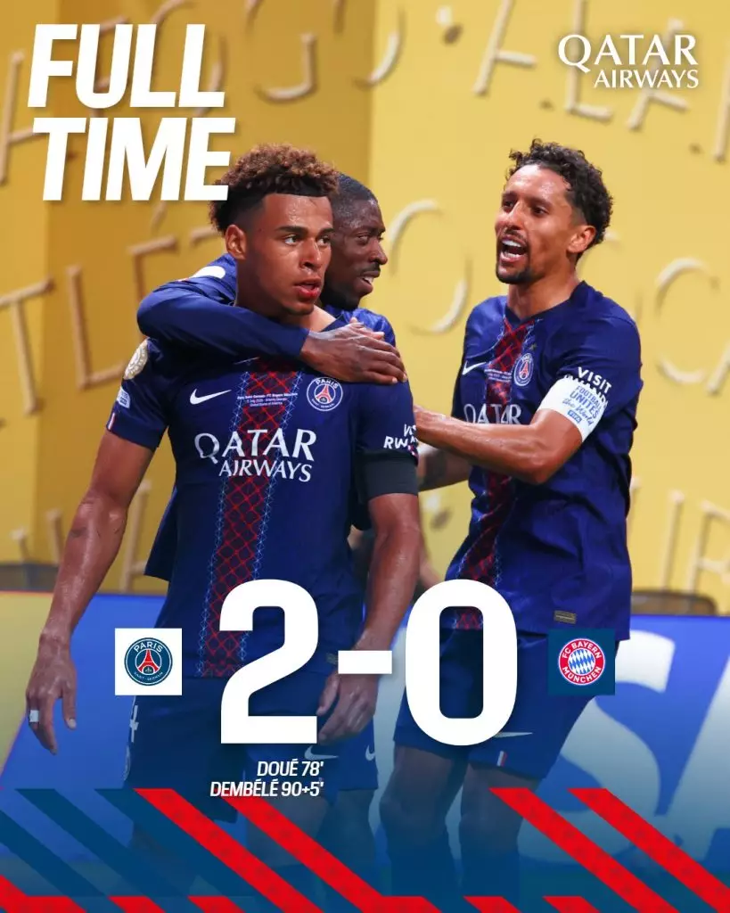 巴黎聖日耳門2:0擊敗拜仁慕尼黑。FB圖片@PSG - Paris Saint-Germain