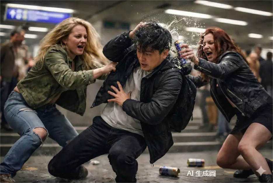 慕尼黑火車站元旦爆衝突，中國留學生遭醉酒女子毆打後反擊致骨折，警方書面認定其行為屬防衛。AI 生成示意圖，非當事人