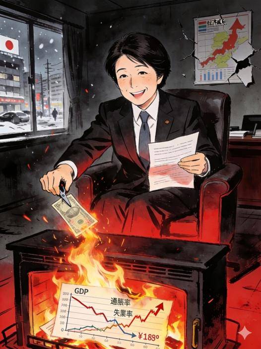 高市早苗笑著「燒美債」取暖，日本經濟寒冬將至。