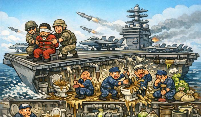 一邊是強行帶走馬杜羅的軍事行動，另一邊則是士兵在艙底面對隨時噴湧的排泄物與堵塞馬桶。