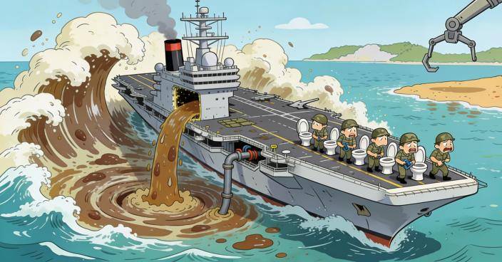 由於真空排污系統無法承受高壓使用，福特號內部甚至出現了嚴重的反湧現象，污水直接排向大海。