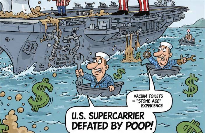  美國海軍內部對這場「馬桶危機」感到無奈，諷刺這艘高科技戰艦在排泄物面前徹底敗下陣來。