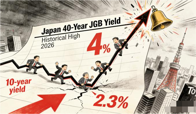 日本國債收益率急速飆升，40年期債息直逼4%關口，這隻沉睡了三十年的「金融怪獸」被激進政策驚醒，市場恐慌情緒一觸即發。